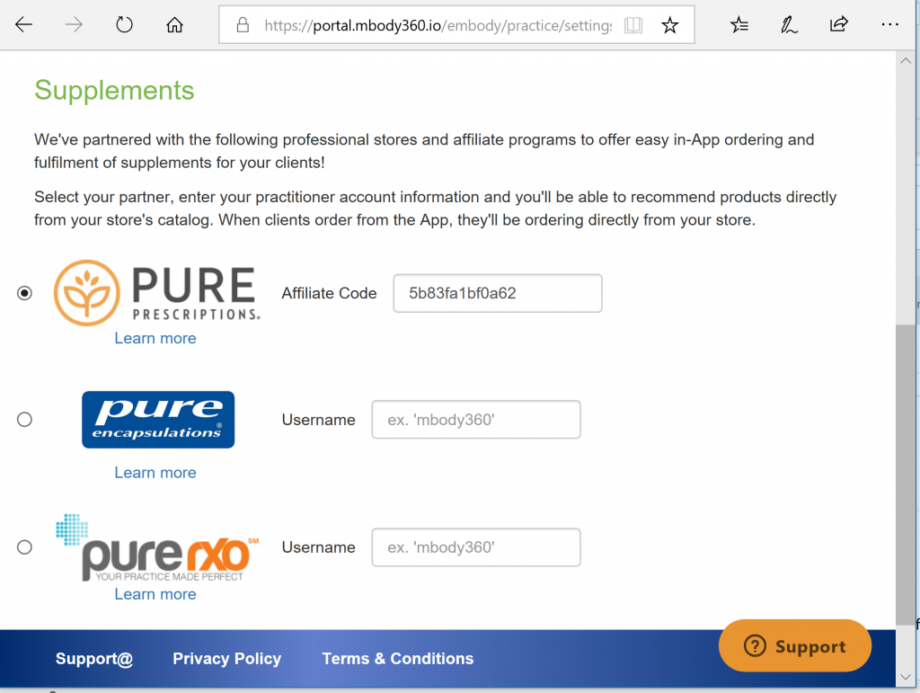 The supplement partner settings in the MB360 portal